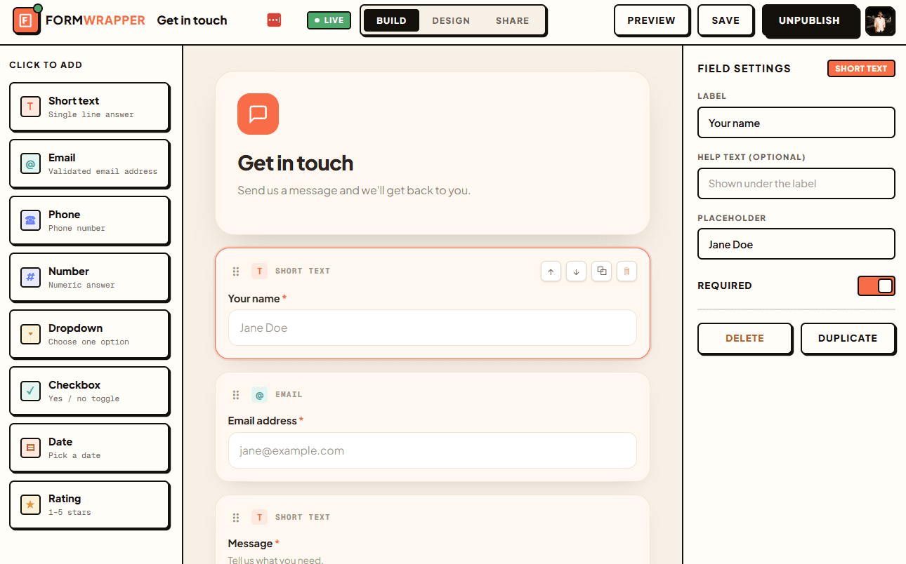 The Formwrapper builder with a short contact form assembled