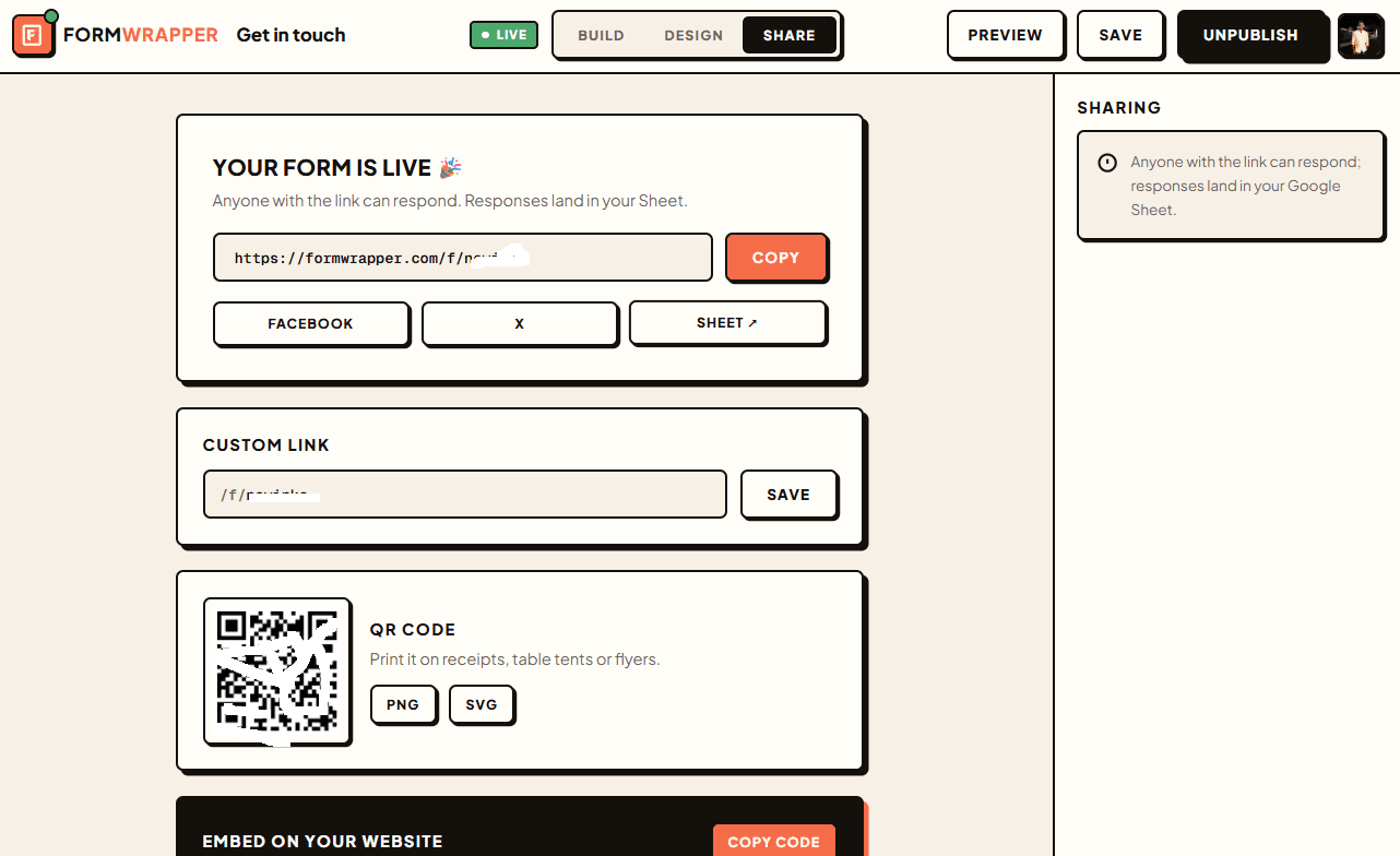 The published form, with a share link, a QR code, and a Sheet button that opens the spreadsheet in Drive
